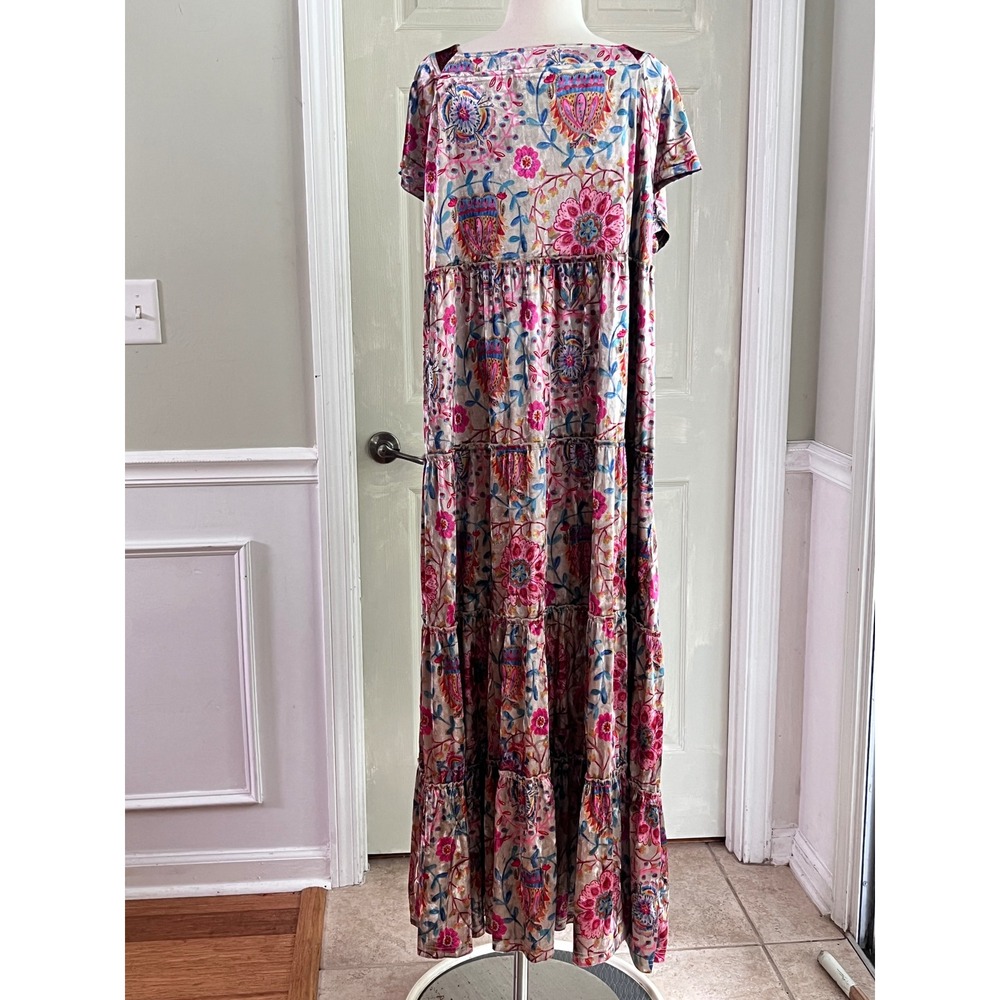 Natural Life Velvet Maxi Dress XL Womens Floral Tiered Square Neck Pink Boho